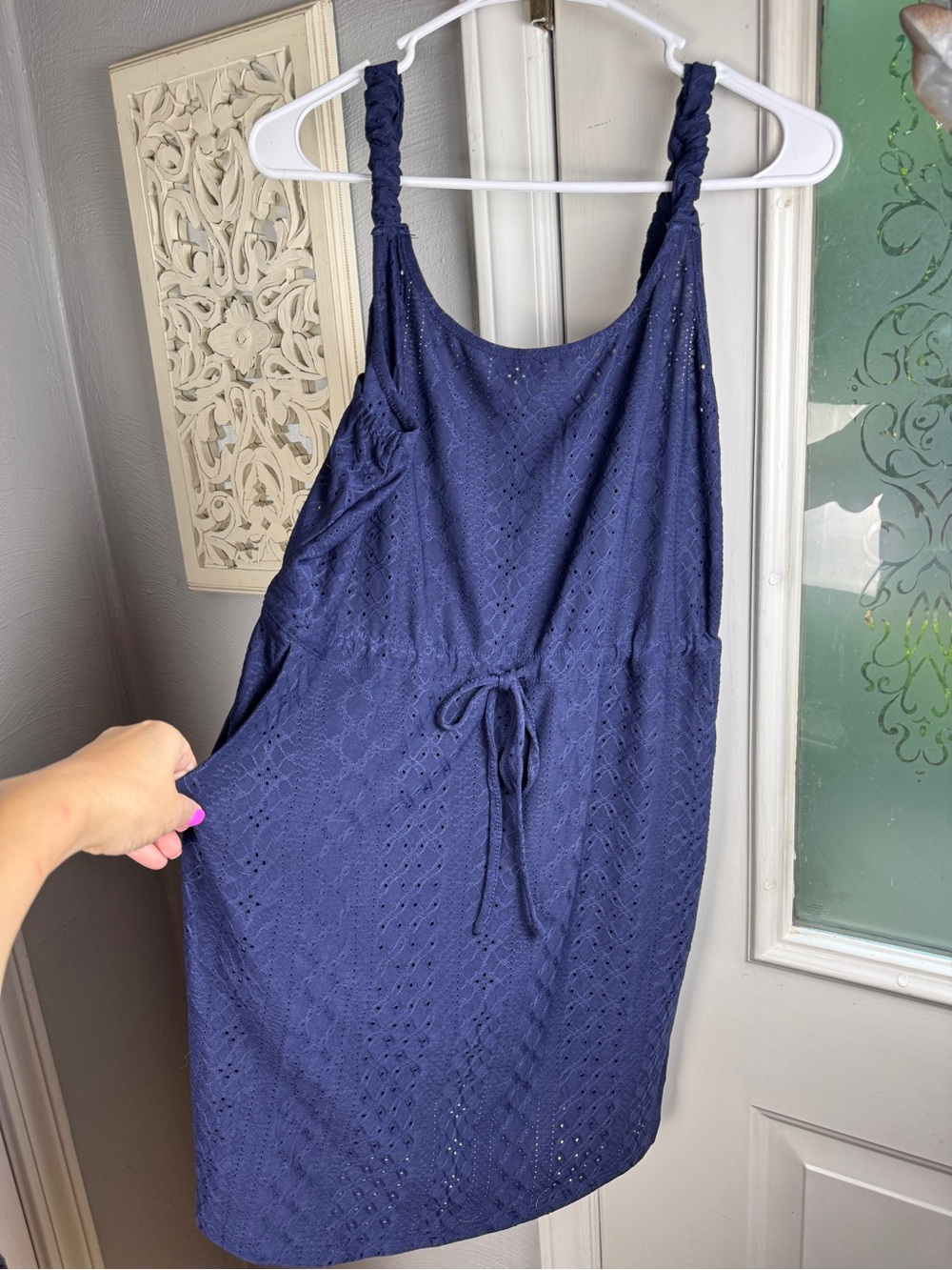 NWOT Navy Eyelet Swim Cover Up Dress Large Stretch Waist Pockets Beach Resort - Picture 2 of 7